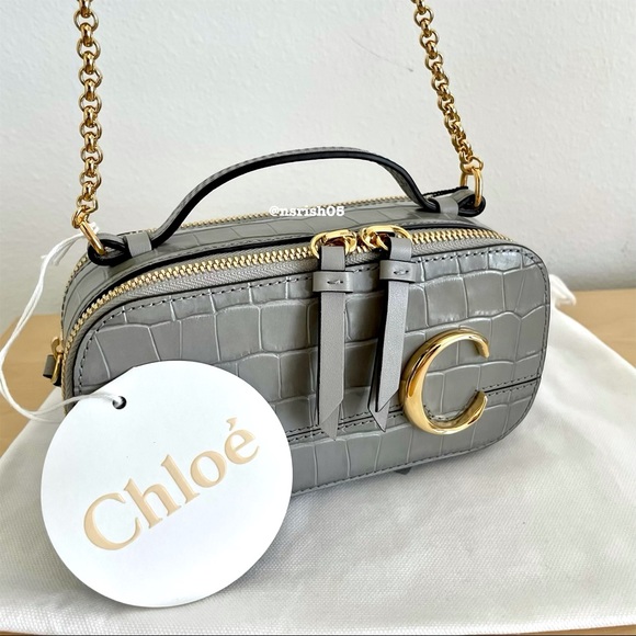 ☀️NWT☀️Chloé Mini C Vanity Bag Croc Embossed Gray - Picture 15 of 16